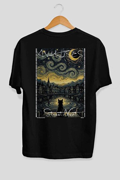 Ankhises For the Love of Cats 67 Cats Printed Black Oversize T-Shirt 100% Cot...