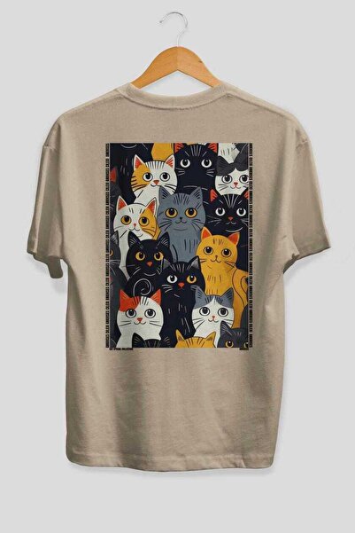 Ankhises For the Love of Cats 27 Cats Printed Beige Oversize T-Shirt 100% Cot...