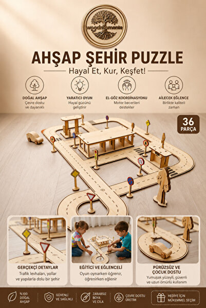 woodmomente Ahşap Şehir Puzzle Eğitici Trafik Oyunu Kayın Panel 36 Parça