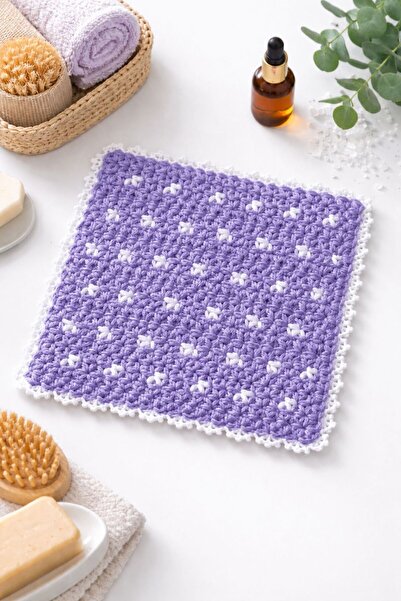 LİLORA Hand Knitted Purple Bath Washcloth – Square Model Handmade Bath and Sh...
