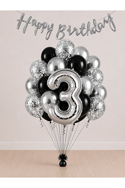 Balonsan -3- Age Silver Happy Birthday Banner Themed Balloon Bundle 15 Pieces