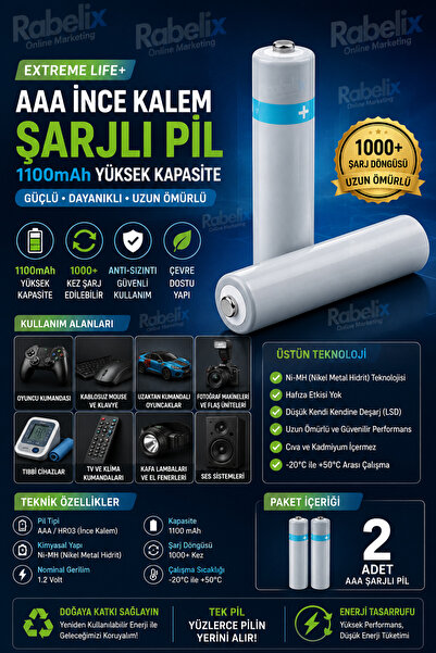 Rabelix Online Marketing Extreme Life+ 1.2V AAA Şarjlı Pil 1100mAh İnce Kalem...