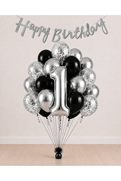 Balonsan -1- Age Silver Happy Birthday Banner Themed Balloon Bundle 15 Pieces