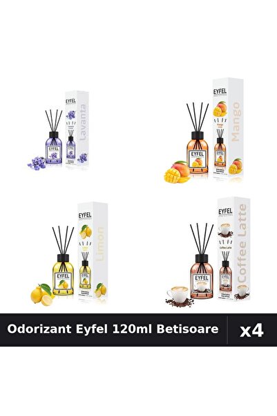 Eyfel Set 4 Odorizant Camera Betisoare 120ml - Lavanda, Mango, Lamaie, Cafea