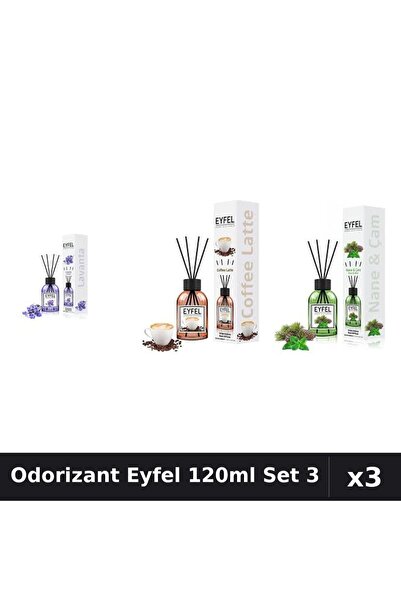 Eyfel Set 3 Odorizant Cameră Betisoare 120ml - Lavandă, Cafea, Pin Mentă