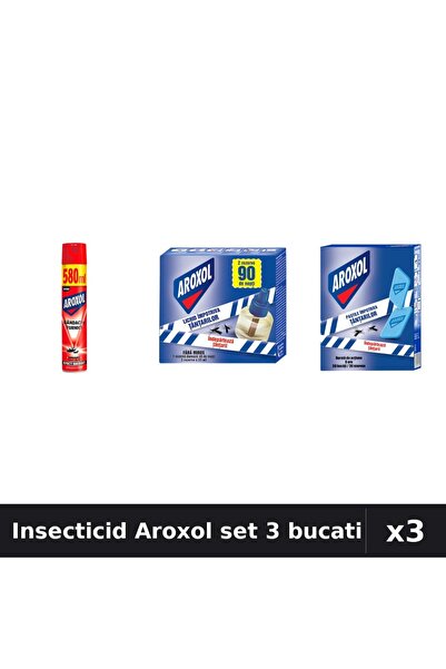 Aroxol Set 3 Insecticid - Spray 580ml, Aparat 45 nopti, Pastile 30 buc - Prot...