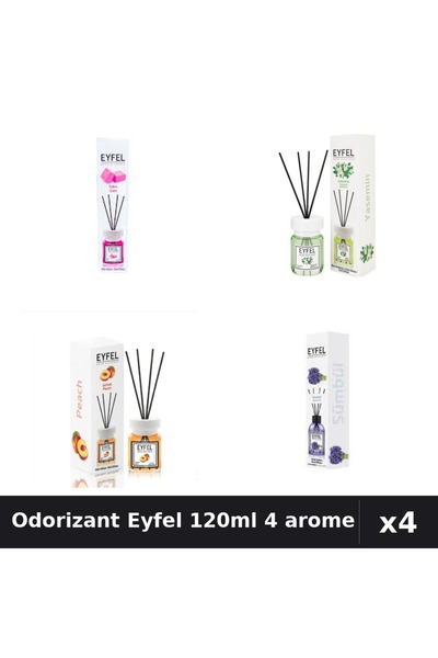 Eyfel Set 4 Odorizant Cameră Betișoare 120ml - Bubble Gum, Iasomie, Piersică,...