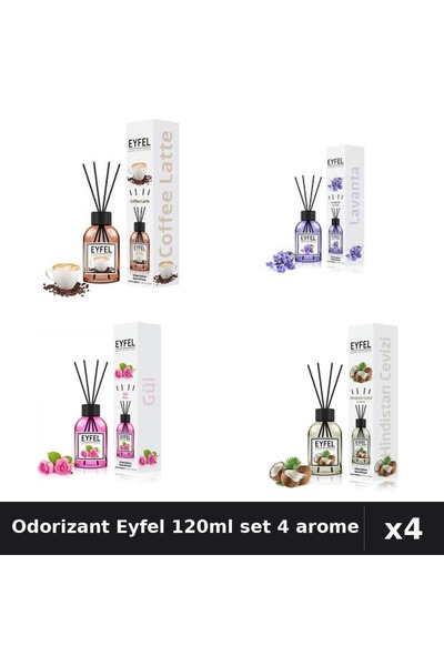 Eyfel Set 4 Odorizant Camera Betisoare 120ml - Cafea, Lavanda, Trandafir, Nuc...