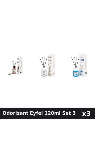 Eyfel Set 3 Odorizant Camera cu Betisoare 120ml - Vanilie, Bumbac, Cool Water