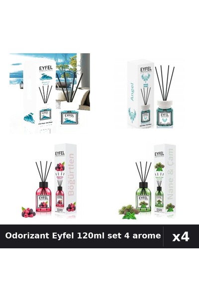 Eyfel Set 4 Odorizant Camera cu Betișoare 120ml - Ocean, Angel, Fructe, Pin M...