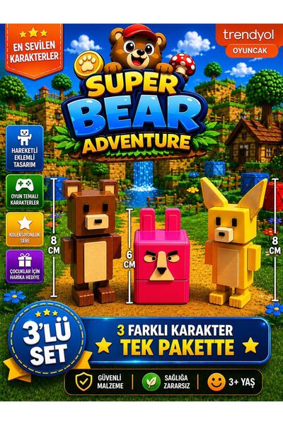 ümit toys Super Bear Adventure 3’lü Karakter Seti – Hareketli Eklemli Oyuncak...
