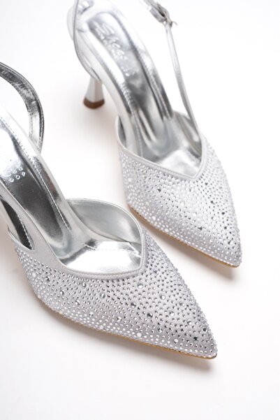 KARABAGSHOES Women's Pointed Toe Open Back Thin Heeled Stiletto with Silver S...