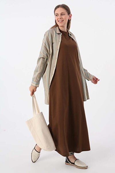 ALLDAY Coffee-Colored 100% Cotton Long Sleeve Combed Cotton Undergarment Dress