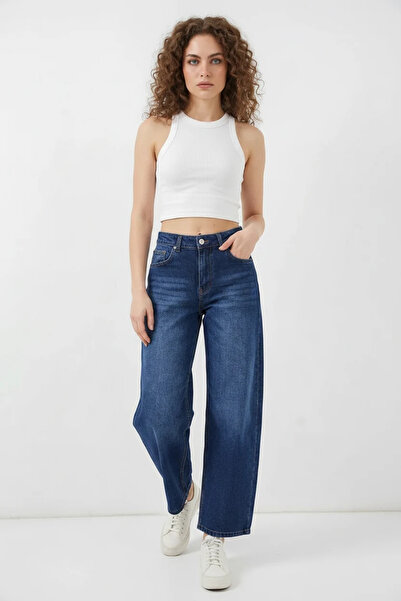 buğrahayalin Women's High Waist Denim Navy Blue Trousers