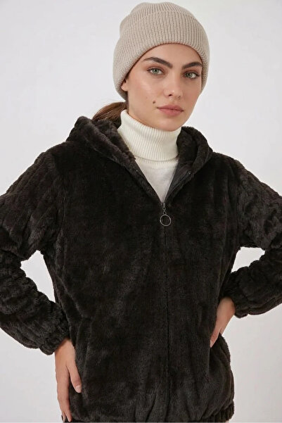 buğrahayalin Women's Hooded Belted Fur Brown Coat