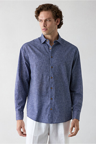 Kiğılı Long Sleeve Oversize Striped Linen Look 100% Cotton Shirt