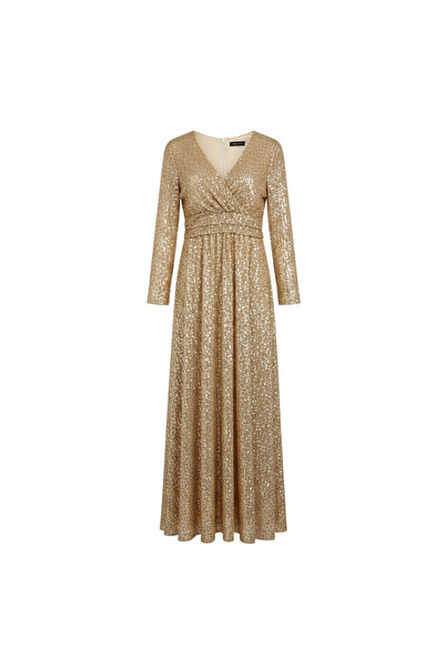 JULİ COLLECTİON Gold Sequin V-Neck Long Sleeve Maxi Dress -