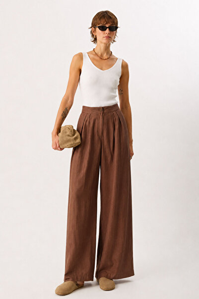 VENA High Waist Pleated Wide Leg Lyocell Palazzo Trousers-Brown