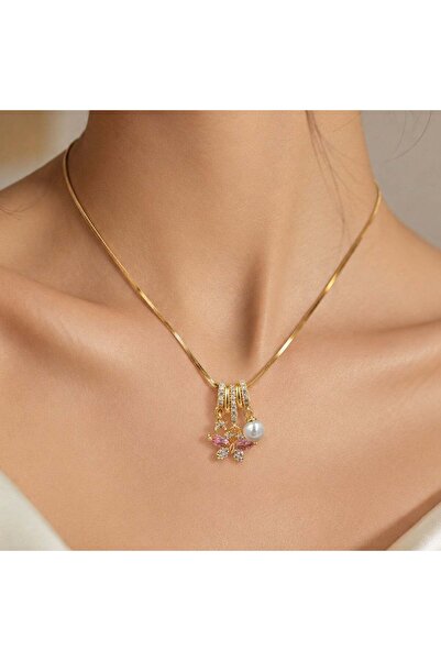 Bk Gift Women's Necklace with Butterfly and Pearl Detail - Non-Tarnishing Gol...