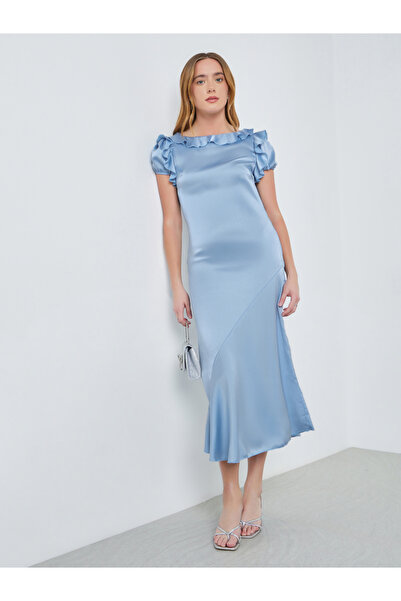 Take Two By Styli Blue Satin Midi Dress with Ruffle Detail