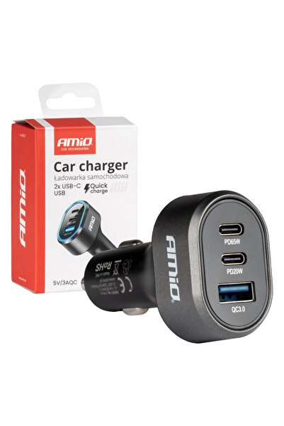 AMIO Incarcator auto la priza bricheta USB QC 3.0 + 2x USB C, 20W/65W; incarc...