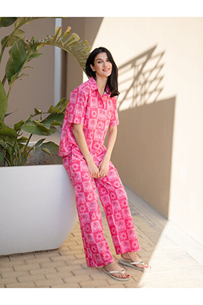 Sanskrutihomes By Styli Pink Printed Cotton Shirt and Pants Co-Ord Set