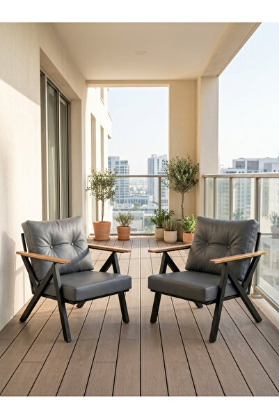 Azra Aksesuar Gri Venedik Model 2 Adet Balkon Berjer Takımı Siyah Metal İskel...