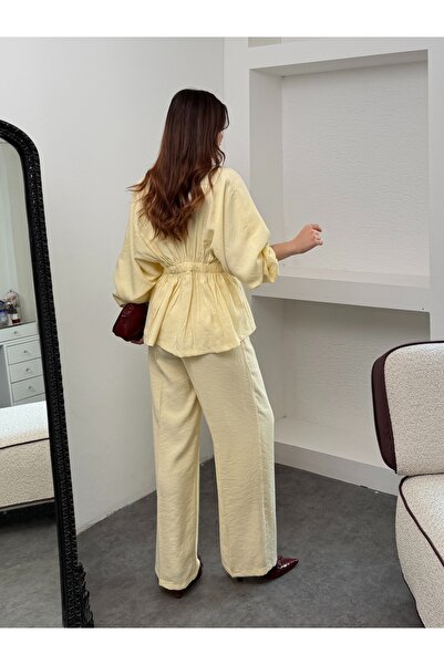 MiraMore Butik Women’s Elastic Waist Buttoned Suit Pants Blouse Set