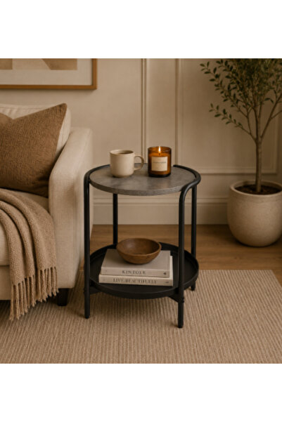 Palma homez Grey side table with bottom shelf | Modern table with 40 cm diameter