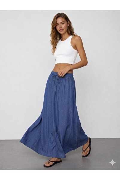 Green'DAL Yüksek Bel Tensel Kot Uzun Etek - Bağcıklı Cepli Likralı Denim Maxi...