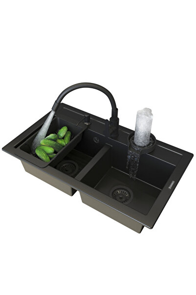 Granitan Chiuveta Granit Duet Negru, 746x442 mm, set cu baterie Grado Plus si...