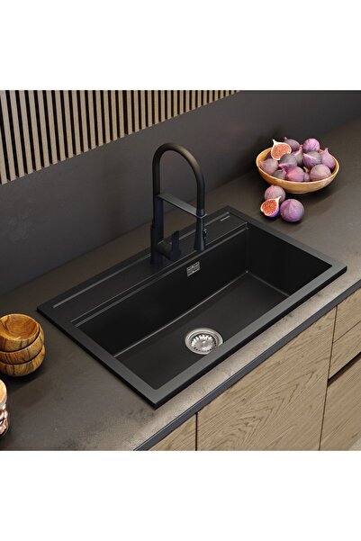 Granitan Chiuveta granit negru, sifon mare asti cromat