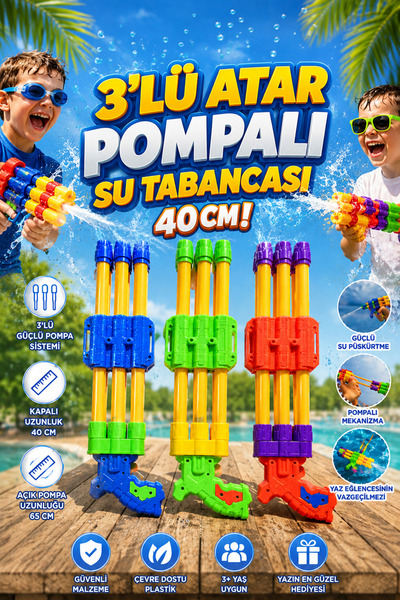 craftivio Büyük Boy 3'lü Pompalı Su Tabancası 40 cm Güçlü Su Püskürtme Havuz ...