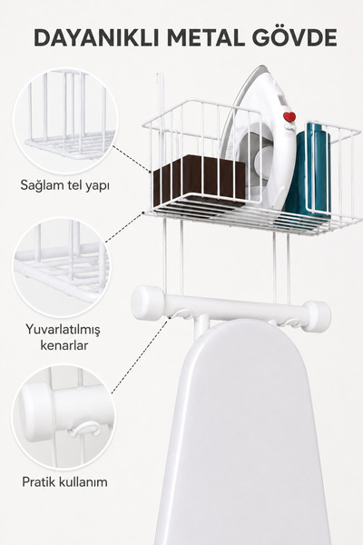 Alper Banyo Beyaz Kapı Arkası Ütü Masası Askılı Düzenleyici Sepet, Metal Organizer, Raf Ütü ve Aksesuar Saklama Rafı