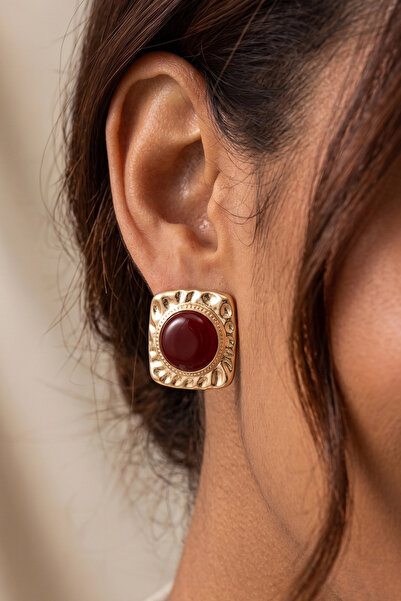 AURRARİ Gold Quadrilateral Vintage Burgundy Enamel Earrings