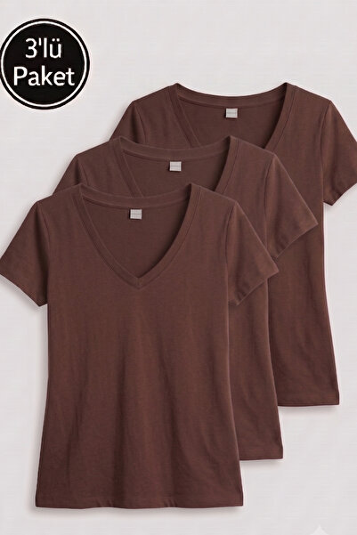 FHELIA Women's V-Neck Cotton 3-Pack T-Shirt