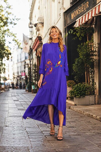 moonra collection Nakış Detay Mor Asimetrik Kesim Volanlı Midi Boy Elbise