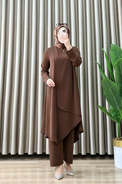 mercan moda NURCAN TAKIM Dubai Kumaş Kadın kahverengi Kruvaze Görünümlü Tunik...