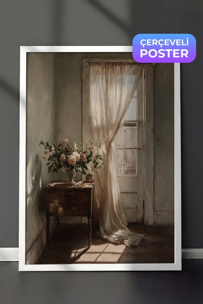 Zestia Vintage Duvar Tablosu, Güneş Işıklı Pencere Köşesi Beyaz Çerçeveli No:...
