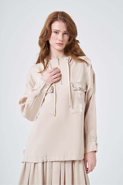 FTZ WOMEN Kadın Rahat Kalıp Taş Detay Etekli Takım Beige 31360