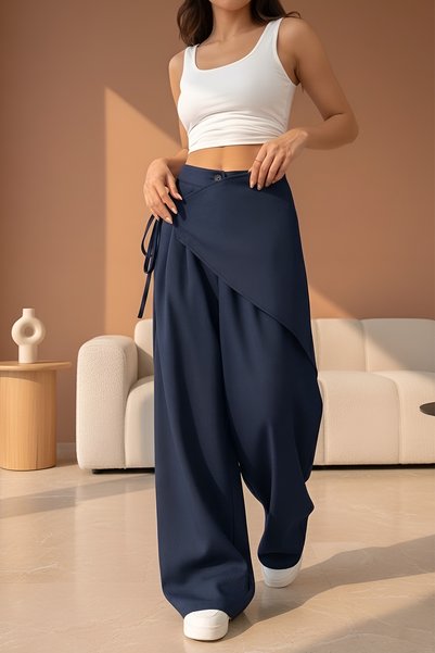 ipek atlas X Nurbeli Women's Wide Leg Asymmetrical Design Palazzo Trousers