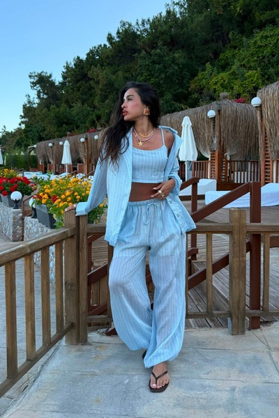 Mzr Collection KADIN ÜÇLÜ ÇİZGİLİ CEKET ŞİFON İÇ ASTARLI PANTOLONLU TAKIM