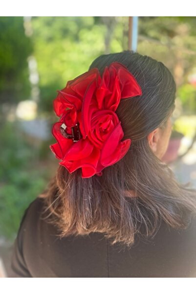 ALS Tasarım Dünyası Red Color Rose Model Double-Sided Latch Buckle, Hair Clip