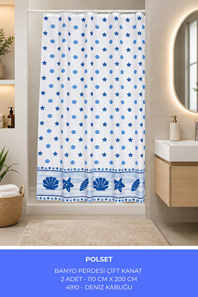 polset Desenli Şık Banyo Duş Küvet Perdesi Çift Kanat 2’li Set 100x200 cm Hal...