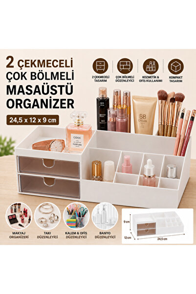 AKBA HOME 2 Çekmeceli Çok Bölmeli Masaüstü Organizer Makyaj Takı Kozmetik Kal...