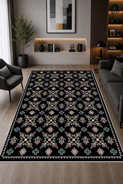 Pelura Halı Etnik Çiçek Desenli Baskılı Kaymaz Yıkanabilir Salon Oturma Odası...
