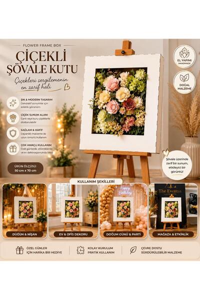 Çiçekli Şövale Kutu | Ahşap Çiçek Sunum Panosu | Nişan, Söz, Düğün ve Organizasyon Dekoru | 50x70 cm