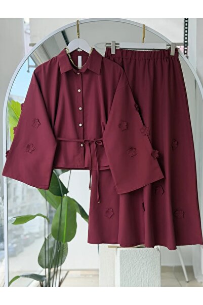 MODA VEDAT Kadın Lazer Kesim Çiçek Aksesuarlı Etekli Takım -0550