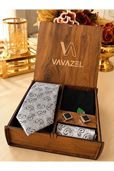 vavazel Premium Ahşap Kutulu Erkek Kravat Seti – 7.5 cm Klasik Gri Şal Desenl...