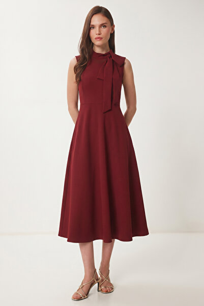 Lovelyİstanbul Scarf Detailed Midi Woven Dress Lnt0036 Bordo
